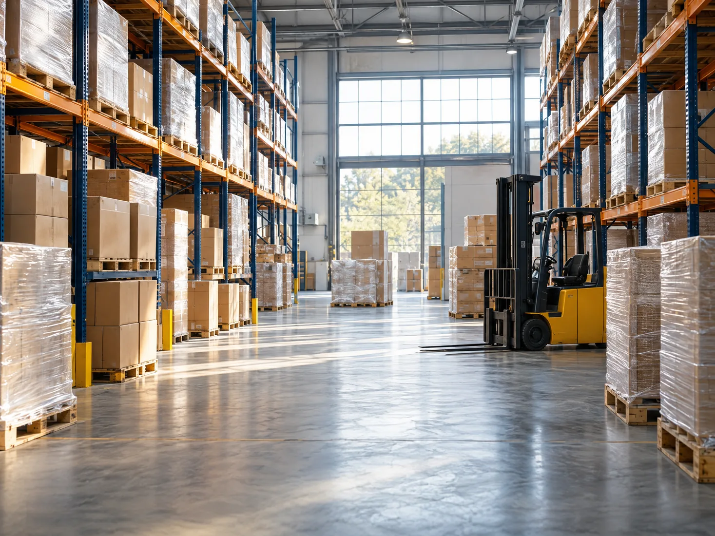 A modern logistics warehouse with export-ready pallets, high shelving and a forklift.