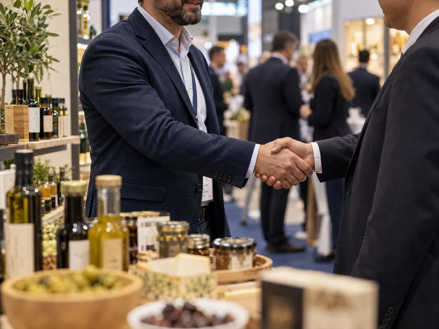 Business professionals greet one another at a generic food and beverage trade show.